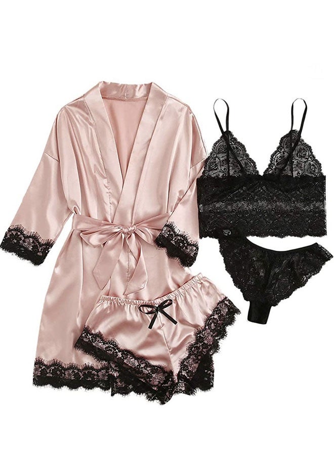 4 حزمة النساء ملابس ليلية مجموعة، الدانتيل مقطوعة الحرير الساتين بيجاما مجموعة، السيدات الصيف التنفس المنزل ارتداء الملابس البدلات، ملابس نوم الداخلية مع رداء، الوردي / الأسود، S الحجم - Image 1